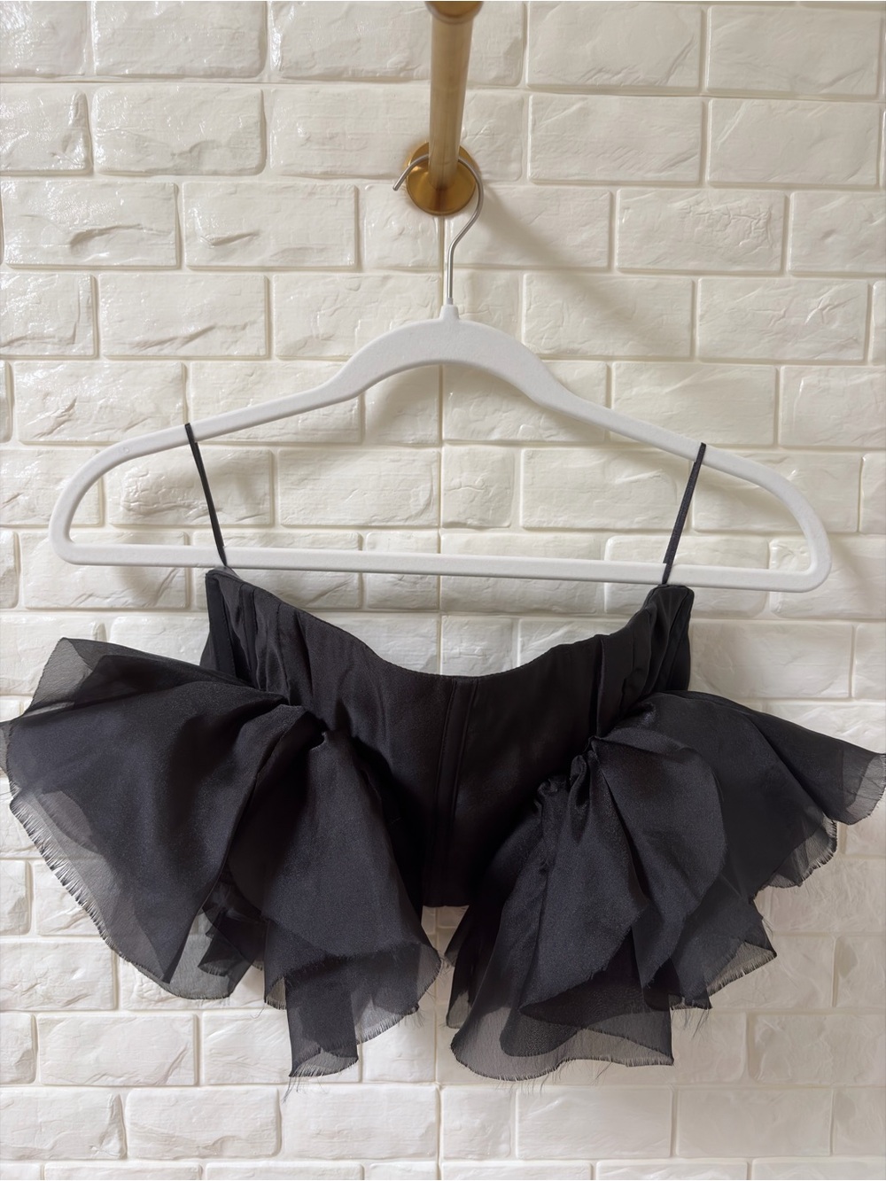Bardot Black Chiffon Ruffle Bandeau Top with Spaghetti Straps